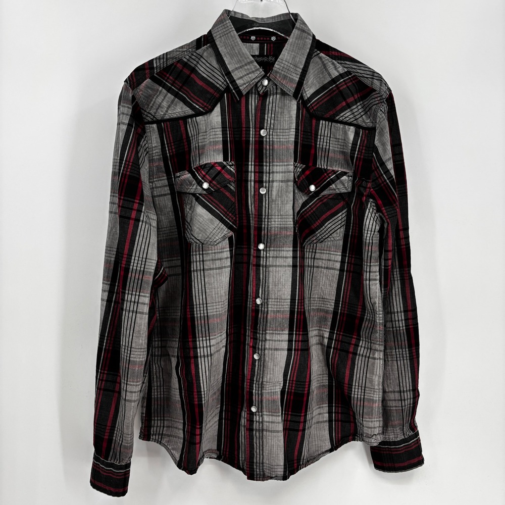 Wornstar Button Down Shirt Mens Large Red Grey Plaid Western Rocker Snap WSBM22